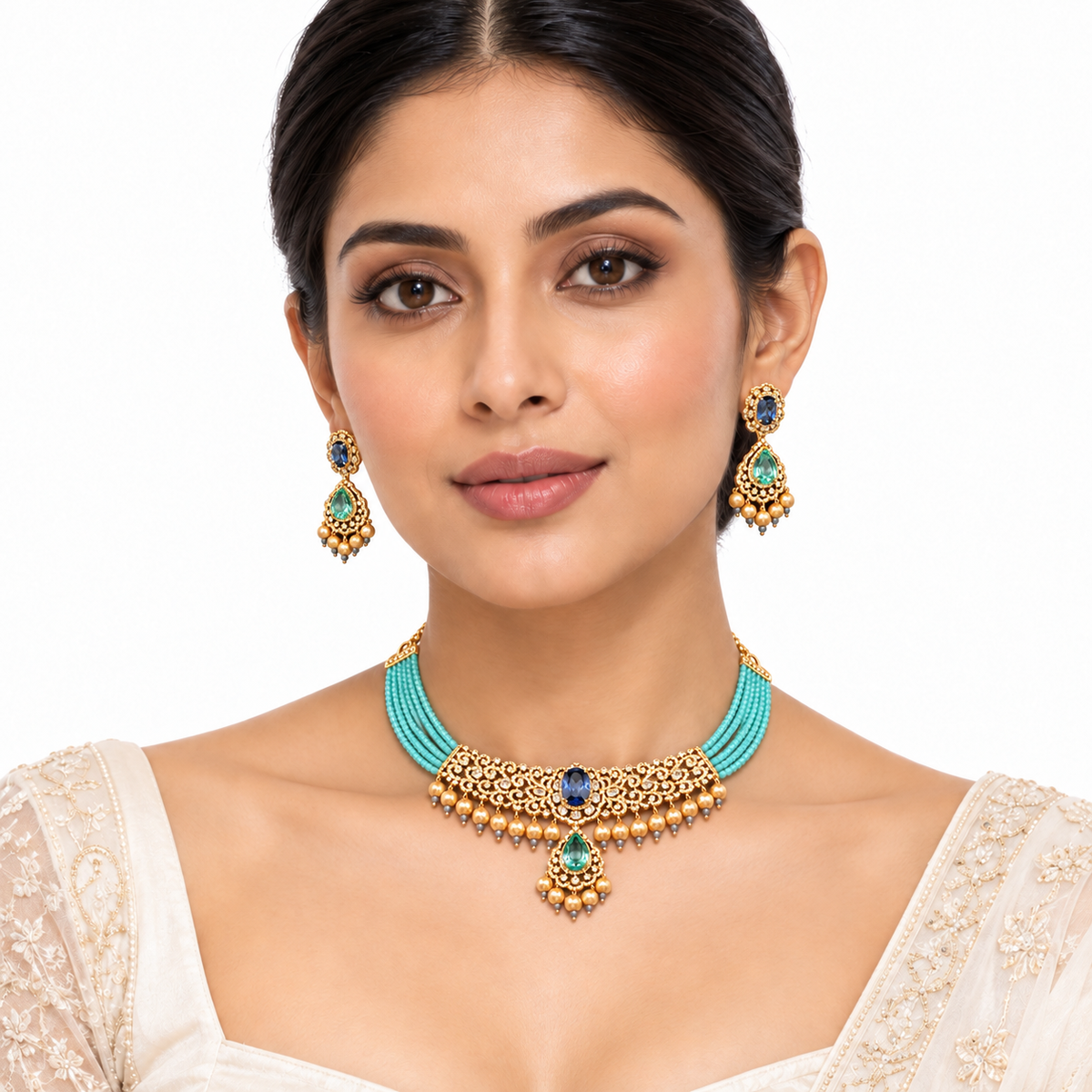 Navya Aqua Sapphire Pearl Choker Set