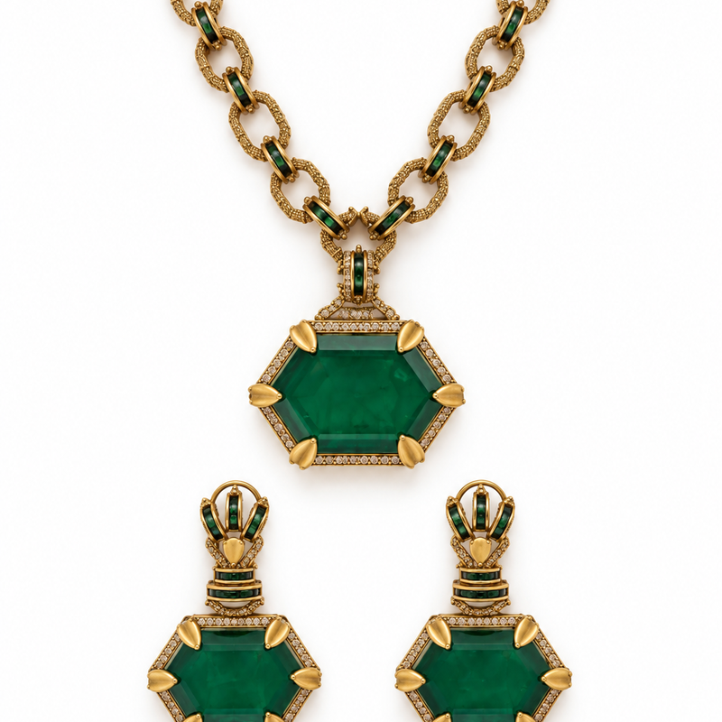 Evania Emerald Hexagon Pendant Set