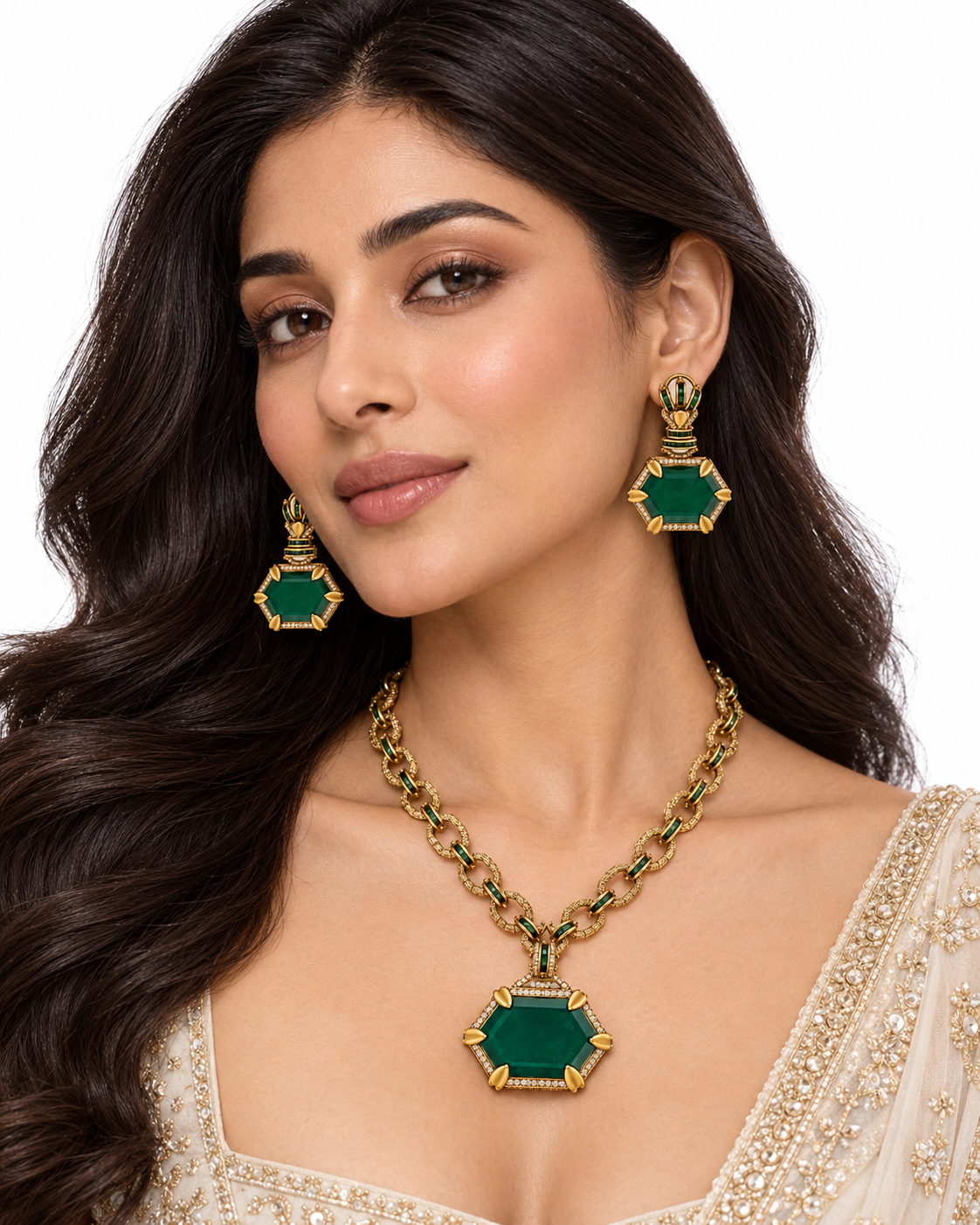 Evania Emerald Hexagon Pendant Set