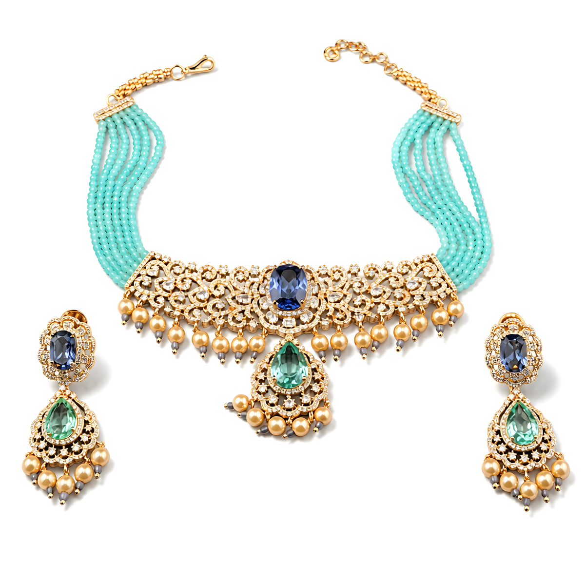 Navya Aqua Sapphire Pearl Choker Set